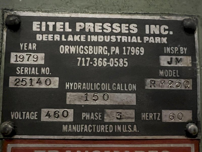 250 TON EITEL MODEL #RP250 HYDRAULIC C-FRAME STRAIGHTENING PRESS: STOCK #18267