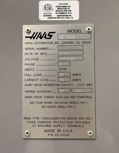 Haas VF-2SS CNC Vertical Machining Center – 12,000 RPM, HSM Mill