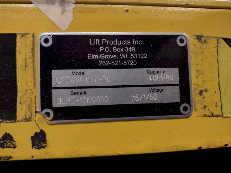 4,000 LBS X 72" X 72" LIFT PRODUCTS MODEL #LPT4W-040-36 SCISSOR LIFT TABLE: YOBRO #24987