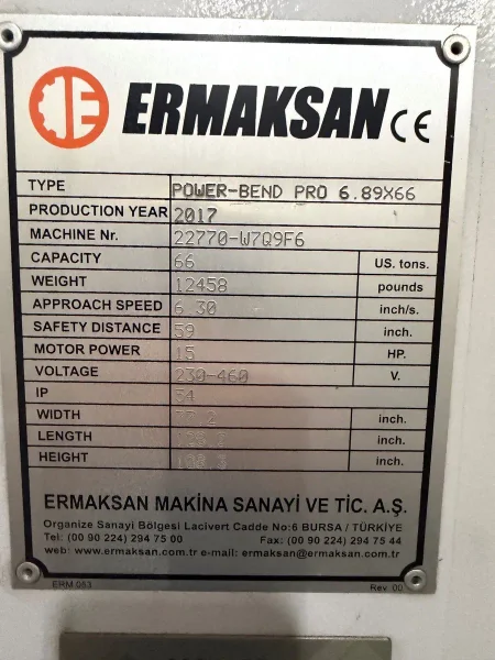USED ERMAK POWER BEND PRO 83" X 66 TON HYDRAULIC 3 AXIS CNC PRESS BRAKE