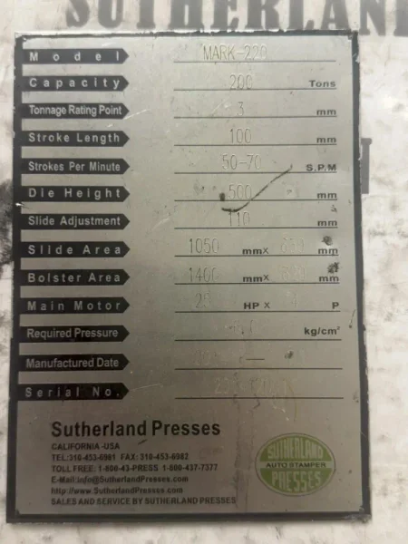 SUTHERLAND 200 TON GAP FRAME PRESS  -  MARK-220