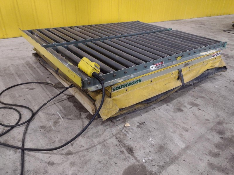 3,500 LBS X 48" X 48" SOUTHWORTH MODEL #LS4-36 HYDRAULIC SCISSOR LIFT TABLE WITH 60X48 ROLLER CONVEYOR TOP, 110 VOLT: STOCK #20924