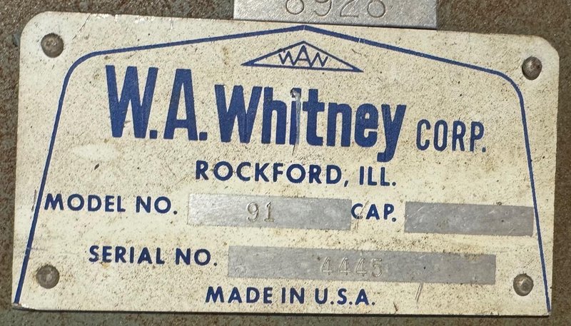 10 Ton W.A. Whitney Manual Punch No. 91, Bench Model