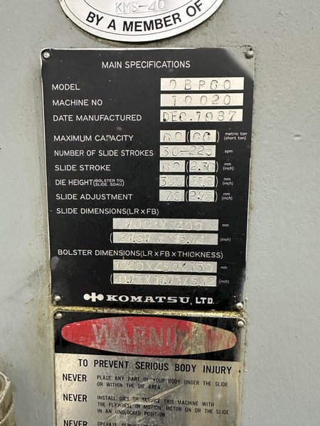 60 TON KOMATSU MODEL # OBG  GAP PRESS: STOCK #77601
