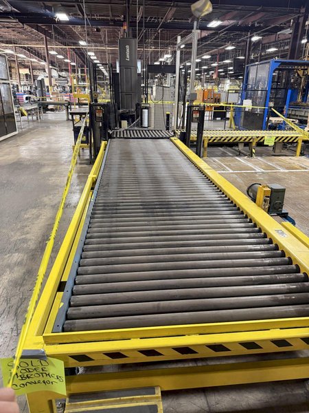 50" x 48" x 92" HIGH LANTECH QL AUTOMATIC SHRINK WRAPPER WITH IN-FEED &amp; OUT-FEED CONEYOR. STOCK # 0980426