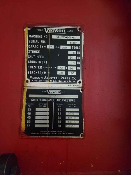 250 TON VERSON S4-250-108-54 STRAIGHT SIDE PRESS. STOCK # 0886725