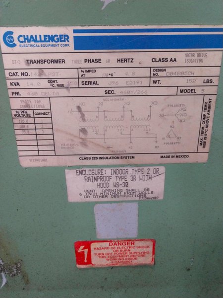 14 KVA CHALLENGER 460 DELTA TO 460Y/166 ELECTRICAL TRANSFORMER: STOCK 12903