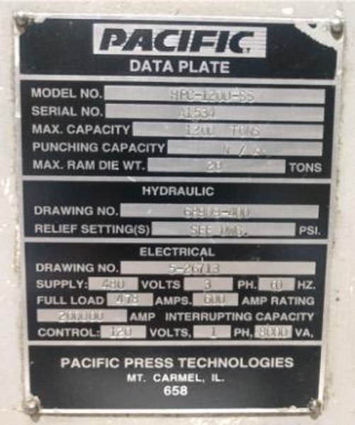1200 Ton Pacific Hydraulic Press Model HPC-1200-SS