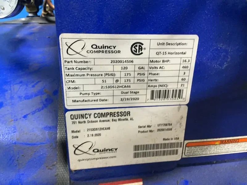 QUINCY 15 HP QT-15 HORIZONTAL COMPRESSOR  -  2153DS12HCA46