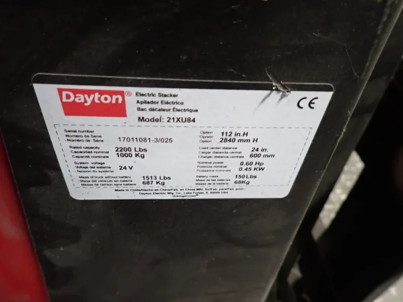 DAYTON ELECTRIC 2,200 LBS ELECTRIC STACKER  -  21XU84