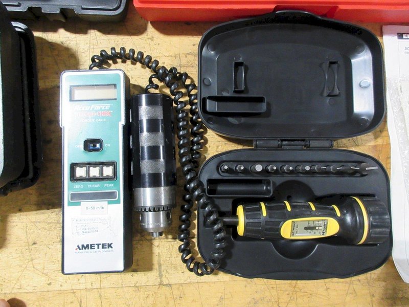 Torque Wrenches and Guages, (1) Snap On 1/4" Drive Torque Meter, (1) Williams 3/8" Drive Torque Ratchet, Ametek, Mark 10,  Wheeler FAT Wrench Drivers- Auction Item