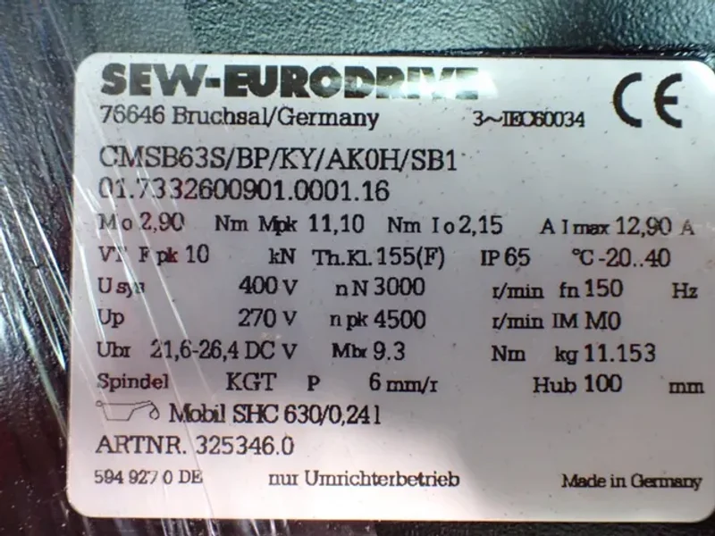 SEW-EURODRIVE 4500RPM SERVO MOTOR  -  CMSB63S/BP/KY/AK0H/SB1