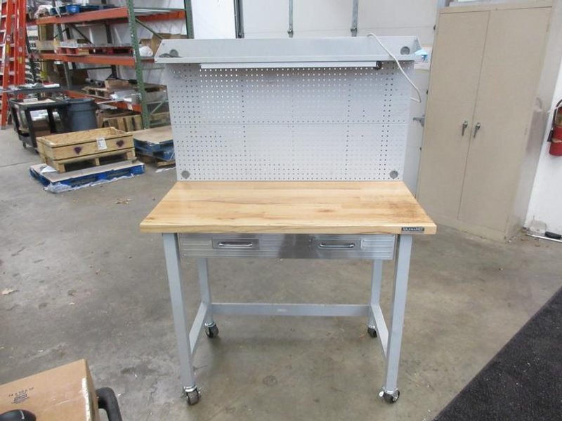 Portable Work Bench with Maple Top, Upper Shelf, Drawer, Work light- Auction Item
