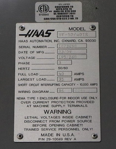2009 HAAS VF-5D/40TR VERTICAL MACHINING CENTER, 5-AXIS TRUNION TABLE