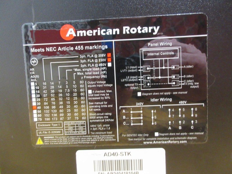 American Rotary AD40-STK 40 hp/40 kVA 3 Phase Converter **New Never Hooked Up**- Auction Item