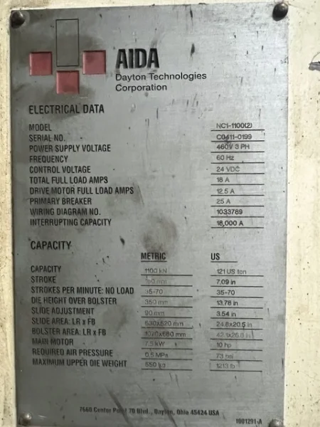 AIDA 121 TON SINGLE CRANK GAP FRAME PRESS, S/N CO411-0199, STOCK# 14220J