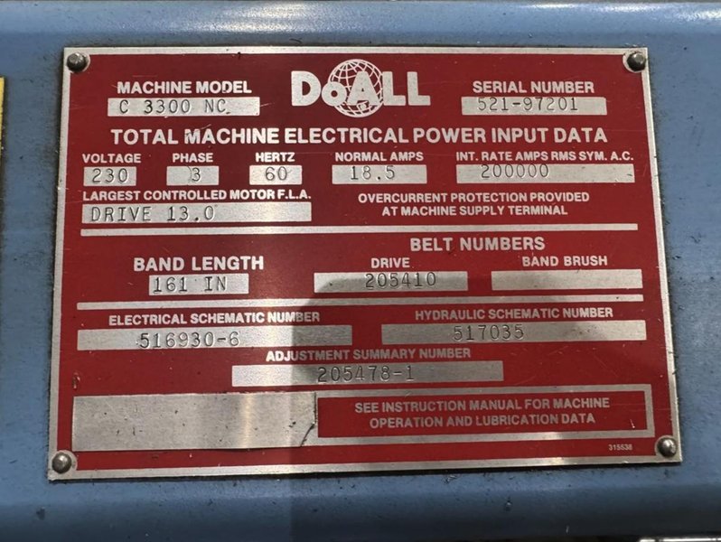 13" X 13" DOALL C-3300NC AUTOMATIC HORIZONTAL BANDSAW W/UNIOP CONTROL. STOCK # 0654026