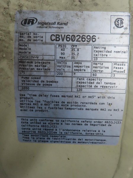 Ingersol Rand 2545E10V-V 2-Stage 10 HP Piston Air Compressor with Horizontal Tank- Auction Item