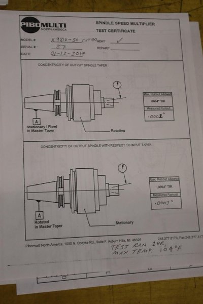 Pibomulti X9810-50 Spindle Speeder, CT40 Taper, 50,000 RPM Max Speed, 10:1 Ratio- Auction Item