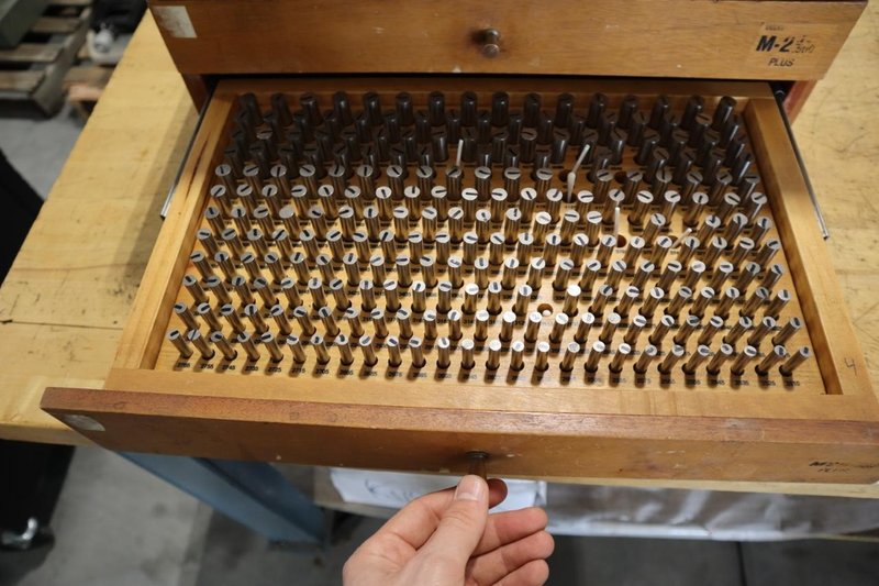 Meyer Pin / Plug Gages in Wood Cabinet: M1 Plus, M15 Plus, M2 Plus, M-25 PLus- Auction Item