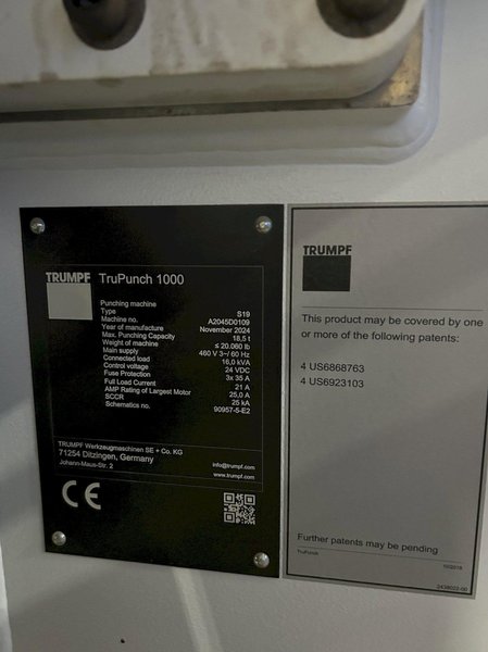 18 Ton Trumpf TruPunch 1000 – 2024, Low Hours, Extremely Clean- 5’x 10′