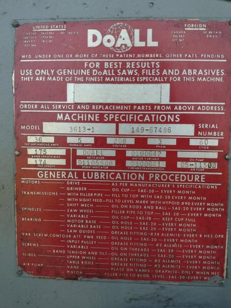 36" DOALL MODEL #3613-1 VERTICAL BANDSAW: YOBRO #24515