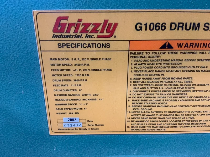 GRIZZLY 22.5”X36” CONVEYOR BELT DRUM SANDER  -  G1066