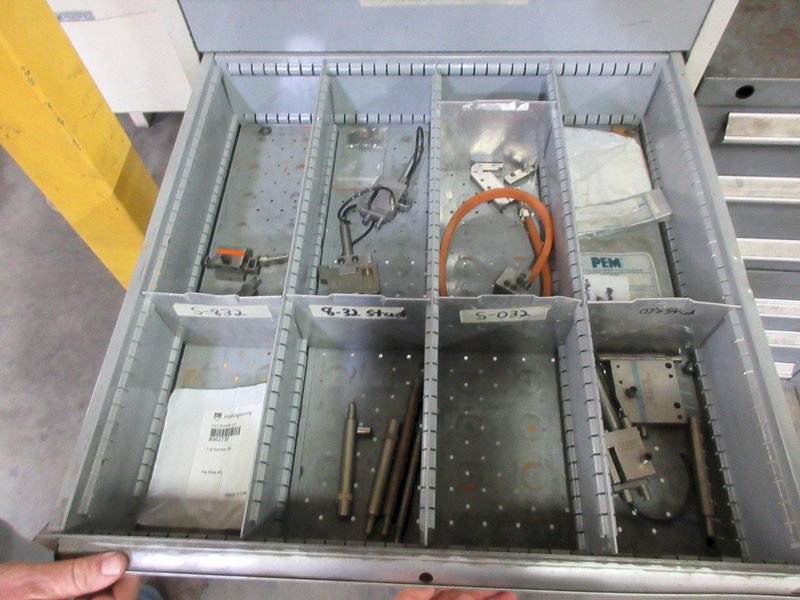 Metal Storage Cabinet with 10 Drawers with Pemserter Tooling and Assorted Cutting Tools- Auction Item
