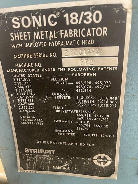 30 Ton STRIPPIT Single Station Punch, Model: Sonic 18/30
