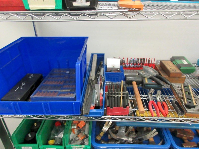 Hand Tools, Large Assortment Including Bolt Cutters, Clamps Tap and Dies, Bubble Levels, Hammers, Pipe Wrenches and More on Uline 5-Shelf 72" x 24" x 78" Metal Wire Rolling Cart- Auction Item