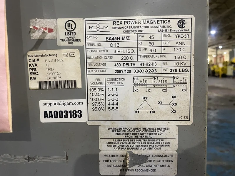 Rex Power Magnetics – BA45H-M/Z Transformer 480V – 208Y/120V , 45kVA USED