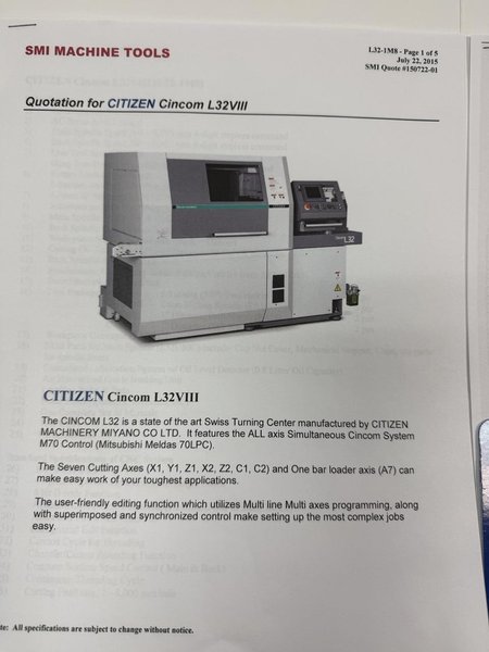 Citizen L32-1M8 Swiss Lathe, 2015 – Bar Loader, Mist Collector