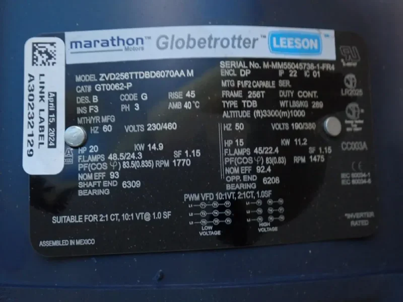 MARATHON MOTORS 20 HP MOTOR  -  256TTDBD6070