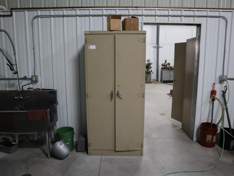 Metal Cabinet with Contents - Cleaning Supplies, Compressor Oil and More- Auction Item