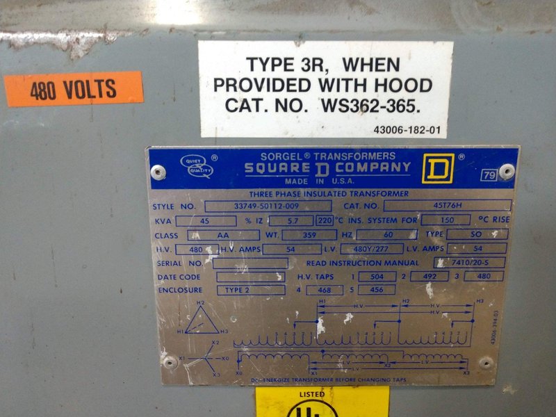 45 KVA SQUARE D 480 TO 480Y/277 VOLT ELECTRICAL TRANSFORMER : STOCK #11921