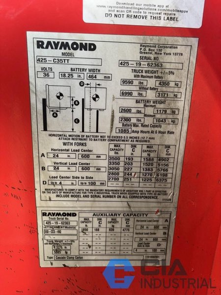 2019 - 3,500 LB. RAYMOND MODEL 425-C35TT STAND-UP ELECTRIC FORKLIFT