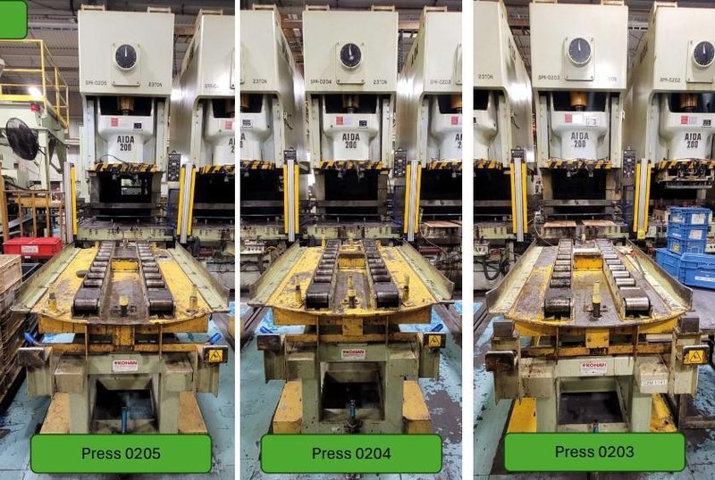 (3) 220 TON AIDA PRESS LINE, W/ STOCK FEEDER &amp; TRANSFER SYSTEM: STOCK #22200