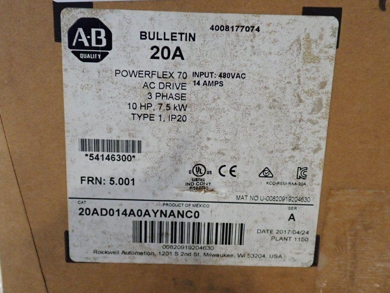 ALLEN BRADLEY 10 HP SERIES A POWERFLEX70  -  20AD014A0AYNANC0