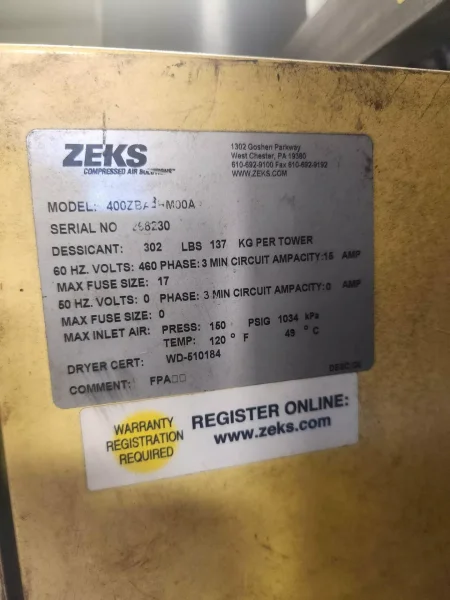 ZEKS MODEL #400ZBA34MODA AIR DRYER: YOBRO #25150