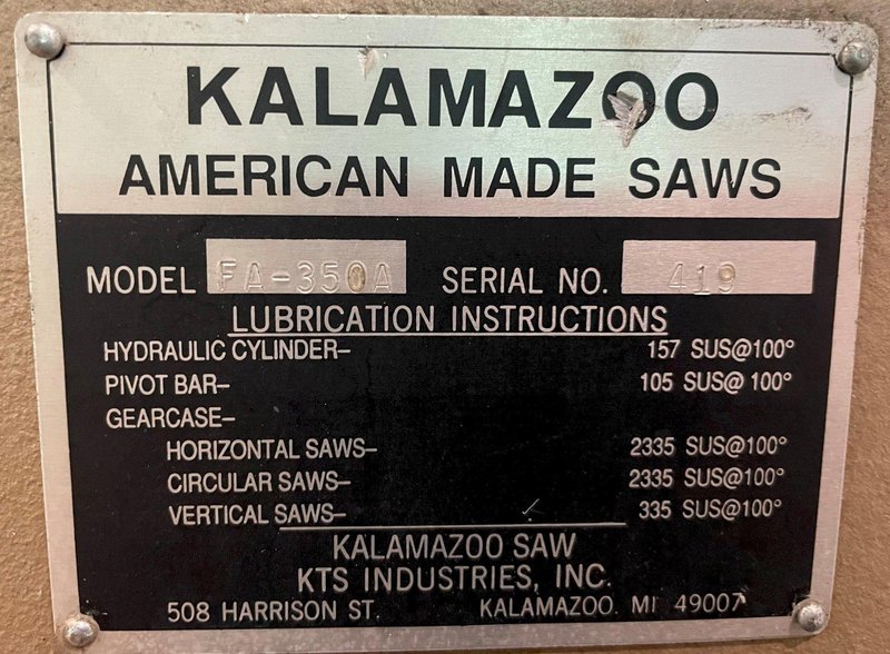 14" Kalamazoo Auto. Feed Cold Saw FA-350A, Non-Ferrous, 5" Dia. Solids, 3 HP