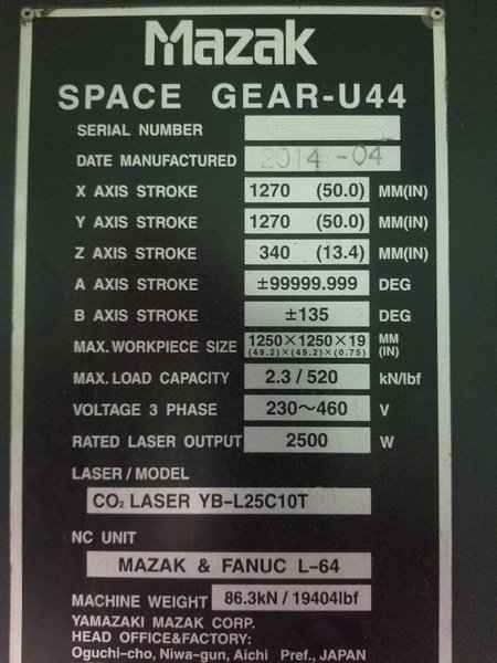 Mazak Space Gear U44 2500 Watt Laser