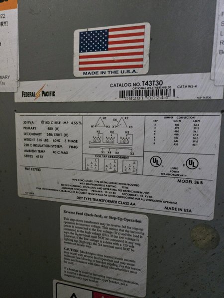 30 KVA FEDERAL PACIFIC TRANSFORMER STOCK# 0652126