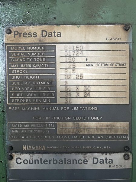 150 TON NIAGARA MODEL #E-150 OBI PRESS, 2.5" STROKE: STOCK #13324