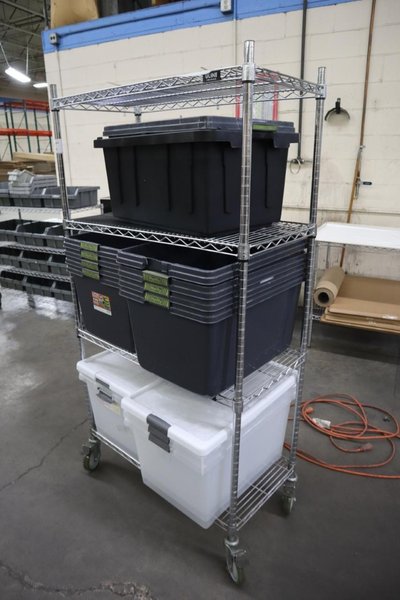Uline Wire Rack Cart with 4 Shelves and Plastic Totes- Auction Item
