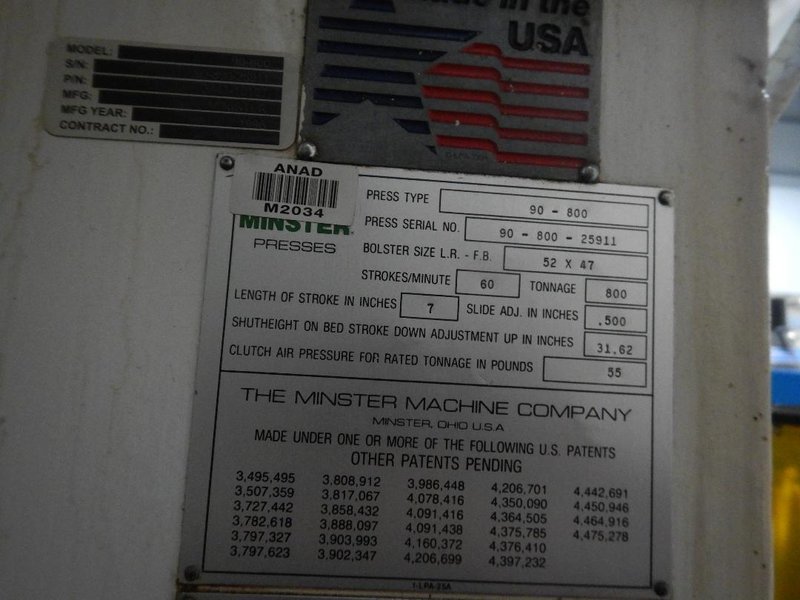 800 TON  MINSTER MODEL #90-800 KNUCKLE JOINT PRESS : STOCK #77652