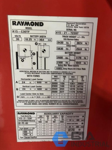 2021 - 3,000 LB. RAYMOND MODEL 415-C30TF STAND-UP ELECTRIC FORKLIFT