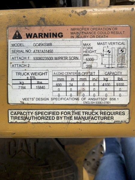 10,000 LB CATERPILLAR GC45KSWB FORKLIFT. STOCK #0890724.