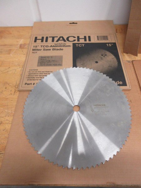 Cut-Off Saw Blades (4) Carbide Tipped Nap Gladu, Leuco and Other 16" x 1" **Used But Still Sharp**, (1) Hitachi 15" x 1" Wood Miter Saw Blade **Looks Unused**- Auction Item