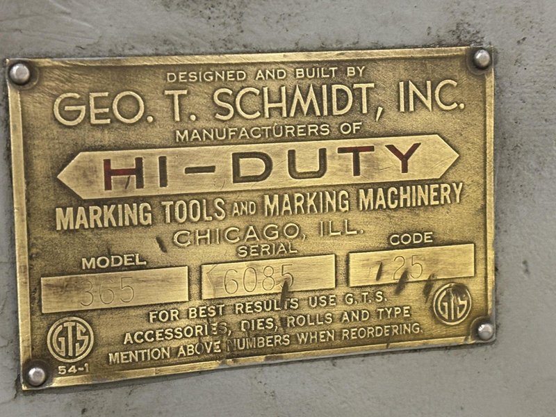#365 SCHMIDT HI-DUTY ROLL STENCIL MARKING MACHINE: STOCK 10981