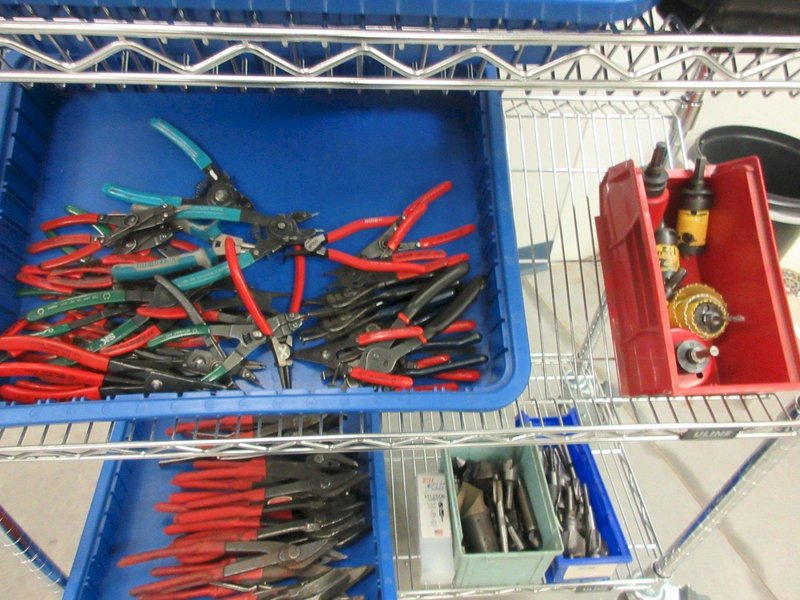 Hand Tools, Large Assortment including Tin Snips, Snap Ring Pliers, Wire Strippers, Banding Cutters and MORE on 4-Shelf Uline 36" x 18" x 78" Metal Wire Rolling Cart- Auction Item